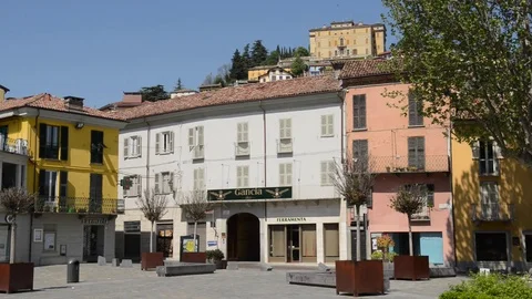 Canelli, view on the town from the main square, castle on the background Stock Footage 79471985