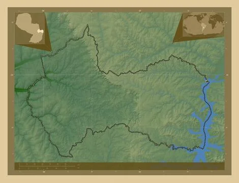 Canindeyu, Paraguay. Colored elevation map with lakes and rivers 스톡 일러스트