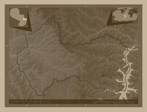 Canindeyu, Paraguay. Elevation map colored in sepia tones with lakes and rive イラスト素材
