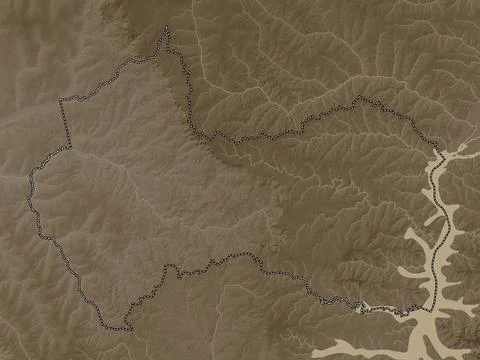 Canindeyu, Paraguay. Elevation map colored in sepia tones with lakes and rive イラスト素材