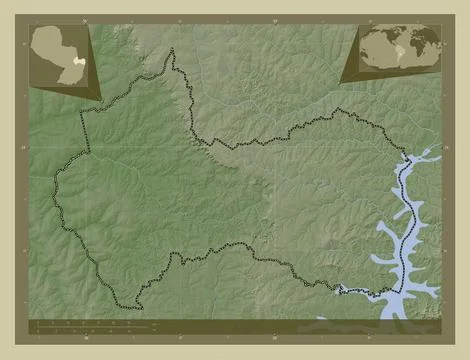 Canindeyu, Paraguay. Elevation map colored in wiki style with lakes and river Stock Illustration