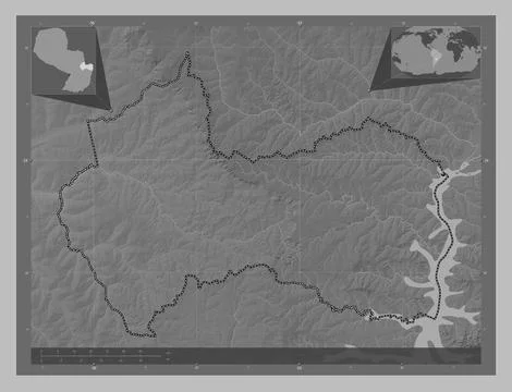 Canindeyu, Paraguay. Grayscale elevation map with lakes and rivers Stock Illustration