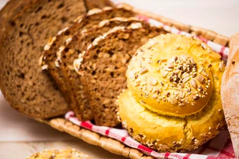Canister wit bread. 3 types of bakery food Stock Photos