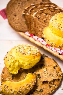 Canister wit bread. 5 types of bakery food Stock Photos