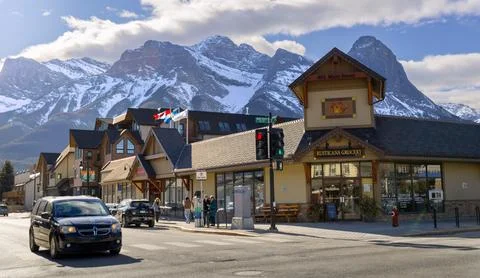 Canmore, Alberta, Canada - 02 12 2025: Sunny winter day on Main Street in Can Stock Photos