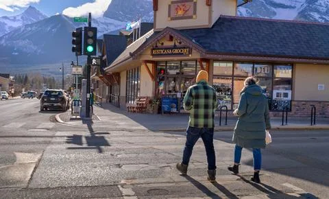 Canmore, Alberta, Canada - 02 12 2025: Sunny winter day on Main Street in Can Stock Photos