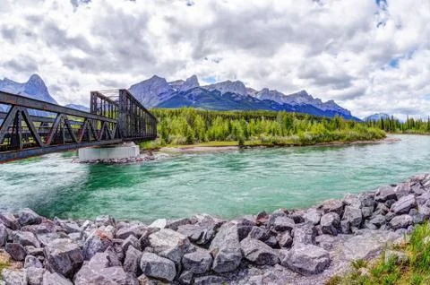 Canmore Engine Bridge Over Bow River Trail in the Canadian Rockies Stock Photos