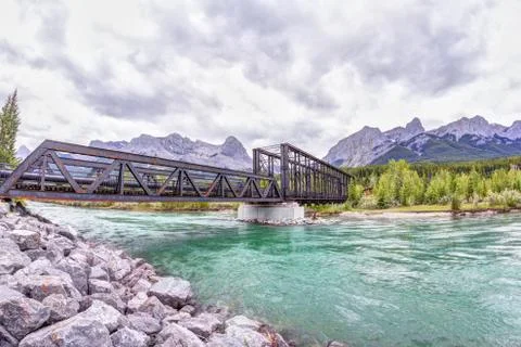 Canmore Engine Bridge Over Bow River Trail in the Canadian Rockies Stock Photos