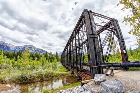 Canmore Engine Bridge Over Bow River Trail in the Canadian Rockies Stock Photos