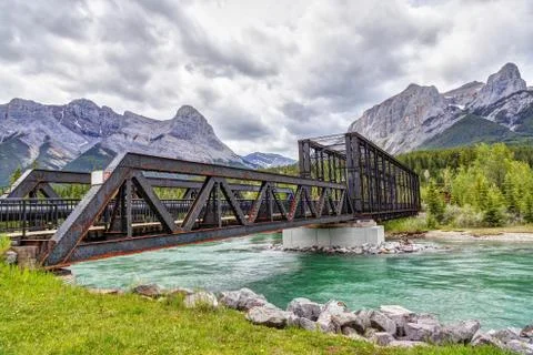 Canmore Engine Bridge Over Bow River Trail in the Canadian Rockies Stock Photos