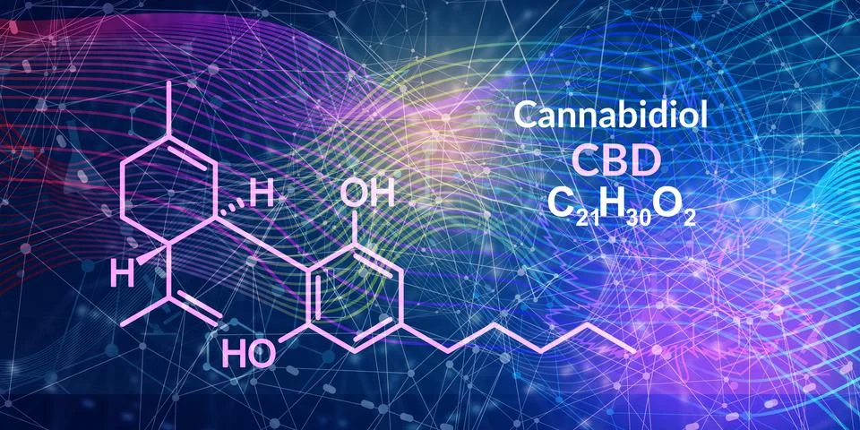 Cannabidiol or CBD molecular structural chemical formula. Futuristic science Illustrazione stock