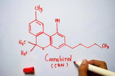 Cannabinol (CBN) molecule written on the white board. Structural chemical Stock Photos