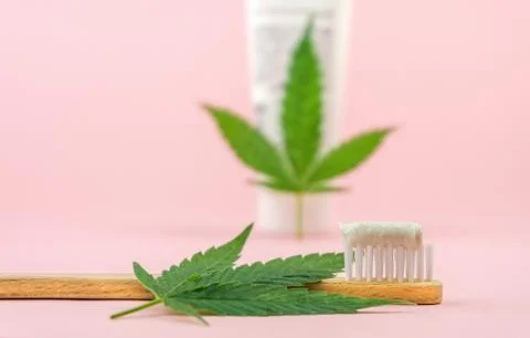 Cannabis CBD toothpaste with Cannabis leafs and wooden toothbrush isolated on Stock Photos
