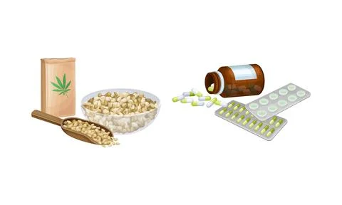 Cannabis hemp processing products set. Seeds and pills vector illustration Illustrazione stock