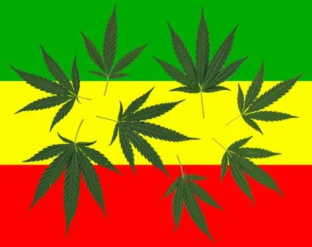 Cannabis leafs on reggae flag background Stock Illustration