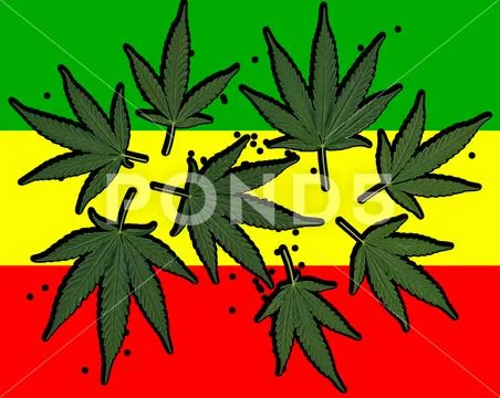 Cannabis leafs on reggae flag background Stock Illustration