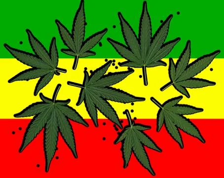 Cannabis leafs on reggae flag background Stock Illustration