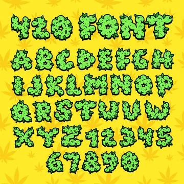 Cannabis letters font.Vector hand drawn cartoon illustration. Funny trippy Stock Illustration