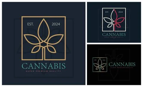 Cannabis marijuana cbd hemp leaf line style luxury logo design template Stock Illustration