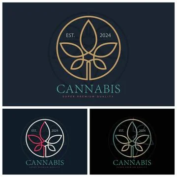 Cannabis marijuana cbd hemp leaf line style luxury logo design template Stock Illustration