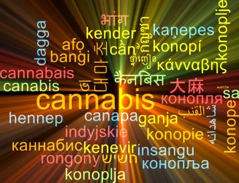 Cannabis multilanguage wordcloud background concept glowing Stock Illustration