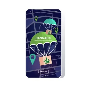 Cannabis parcel boxes falling down with parachute from sky marijuana air mail 스톡 일러스트