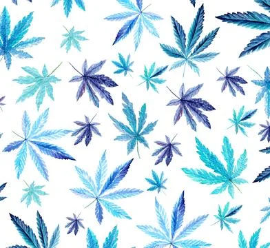 Cannabis pattern isolated on white background, mint or blue leaves. Watercolor Stock Illustration