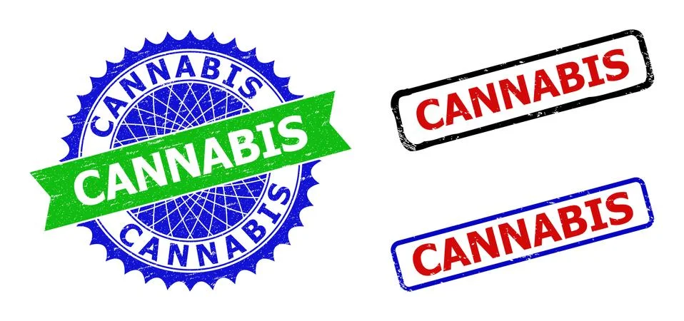 CANNABIS Rosette and Rectangle Bicolor Watermarks with Grunge Styles Stock Illustration