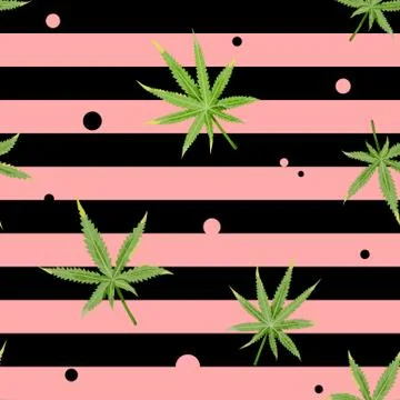 Cannabis seamless pattern with green marijuana leaves, black and pink strips Stock Illustration