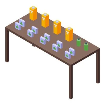 Cannabis store displaying products on table for sale Stock Illustration