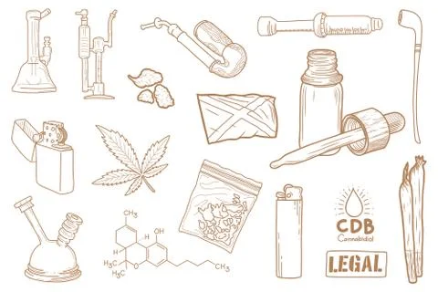 Cannabis vector hand drawn set illustration - Out line Stock Illustration