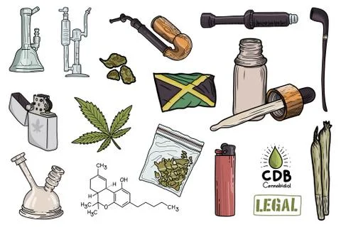 Cannabis vector hand drawn set illustration Stock Illustration