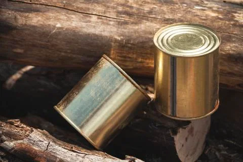 Canned beef lay on logs, basic hike food Foto stock