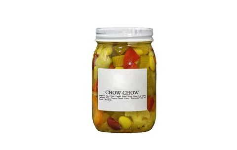 Canned Chow Chow in a Jar, with a White Label Stating Stock Photos