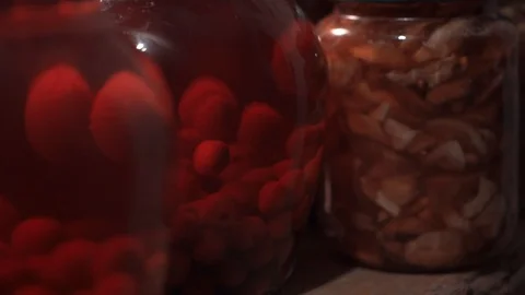 Canned compotes are in the basement. Saving in glass jars. Preparation for Video stock 114019346