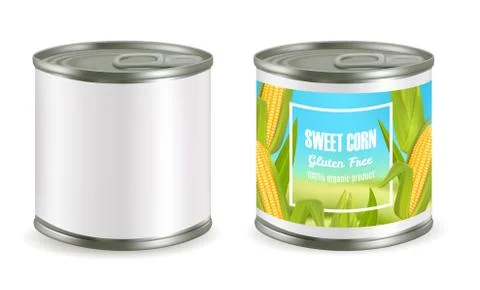 Canned corn package mockup set, vector realistic illustration Stock Illustration
