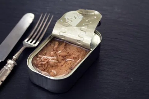 Canned fish on black background Stock Photos