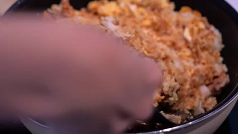 Canned Fish Fried Rice with Egg and Seaweed in Pan Stock Footage 345221229