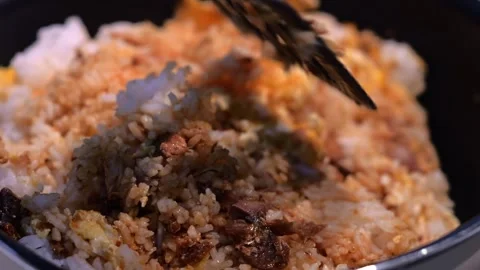 Canned Fish Fried Rice with Egg and Seaweed in Pan Stock Footage 345222748