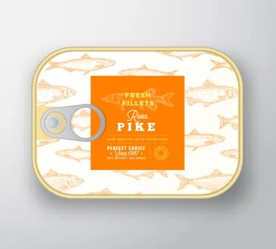 Canned Fish Label Template. Abstract Vector Fish Aluminium Container with Label Illustrazione stock