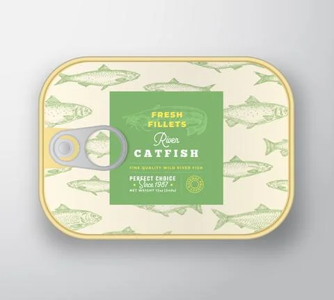 Canned Fish Label Template. Abstract Vector Aluminium Container with Label Cover Stock Illustration