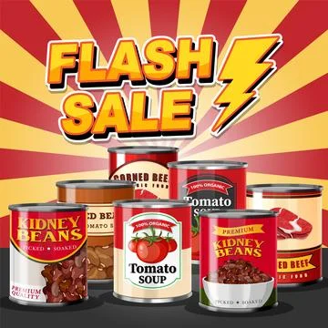 Canned food with comic background Illustrazione stock