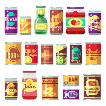 Canned goods vector set. Tinned food, conservation tomato soup and vegetables Ilustración de archivo