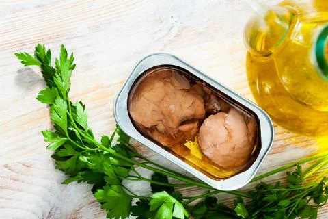Canned liver of smoked cod with oil Stock Photos