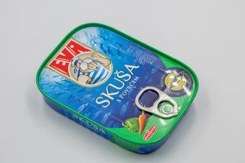 Canned mackerel fish Podravka with pull tab opener closeup. Stock Photos