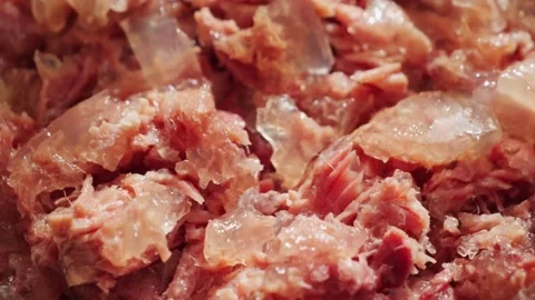 Canned meat on the table close-up. Canning delicious food. Stock Footage 309558494