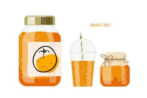 Canned orange fruit. Compote or jam or marmalade in jars, drink in glass, label Stock Illustration