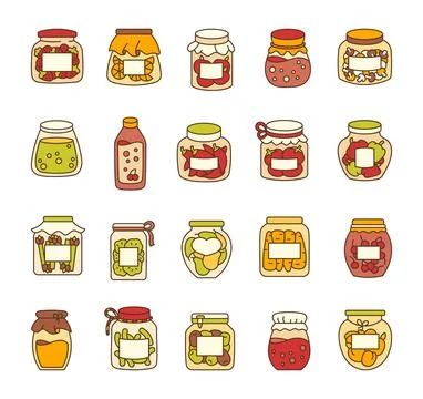 Canned pickled vegetables and fruit jam. Stock Illustration