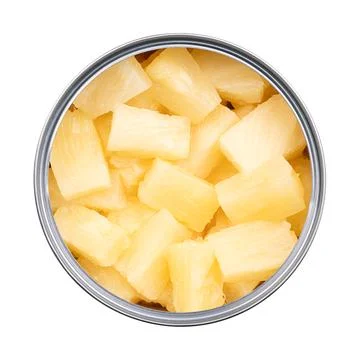 Canned pineapple chunks, in an opened tin can, isolated, from above Stock Photos