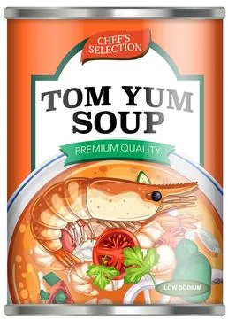 Canned Tom Yum Soup Vector Illustration with Shrimp and Herbs Stock Illustration
